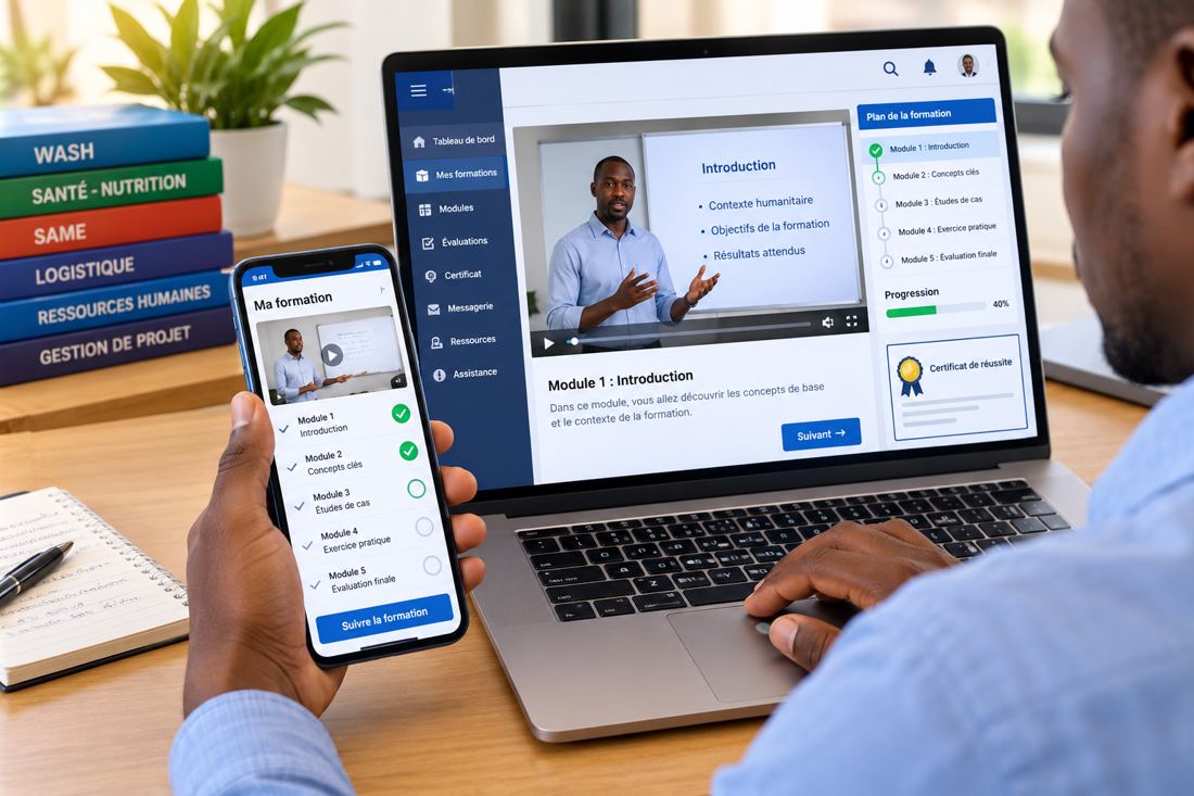 Apprenant suivant une formation en ligne sur ordinateur et smartphone